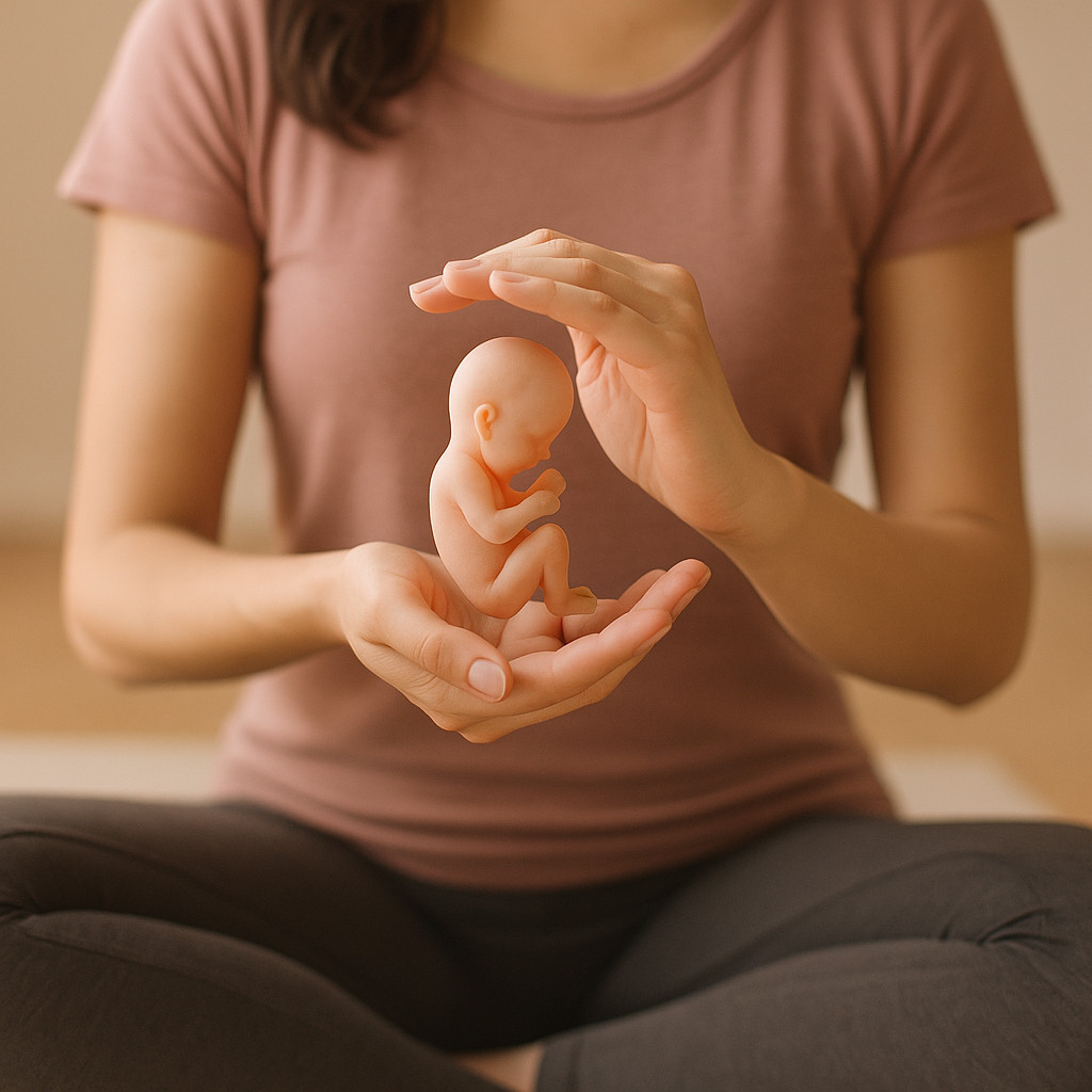 Woman meditating with a calm expression, hands placed gently over her lower belly, symbolising conscious conception and fertility preparation.