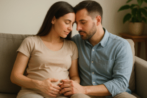Couple sitting closely together, holding hands with calm expressions, showing emotional support during their fertility journey.