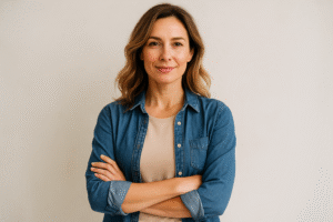 Confident woman in her 40s standing with calm expression, representing fertility after 40 and hormonal wellbeing.